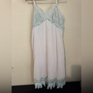 Vintage Light Blue Vanity fair Lace Slip Nightgown With Ruffled Pleated Bottom